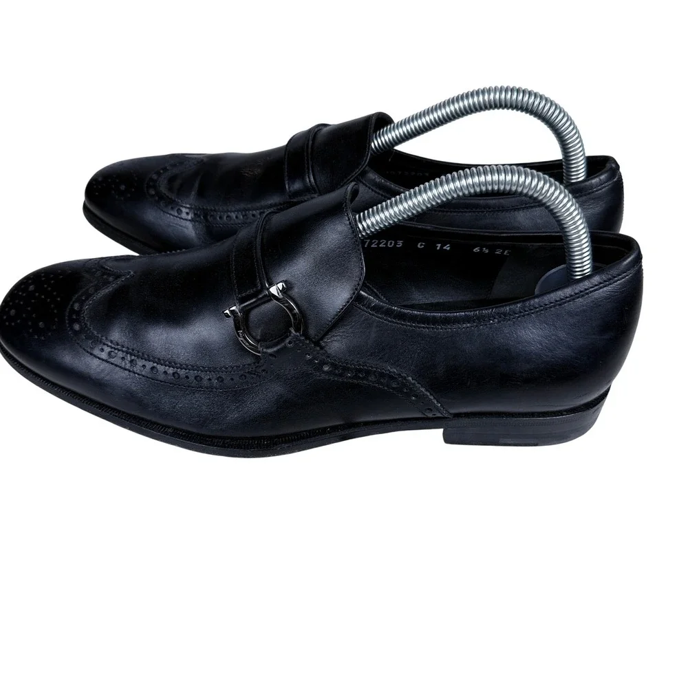 Salvatore Ferragamo Loafers Mens 6.5 EE Black Gancini Wingtip Brogue Dress Shoes